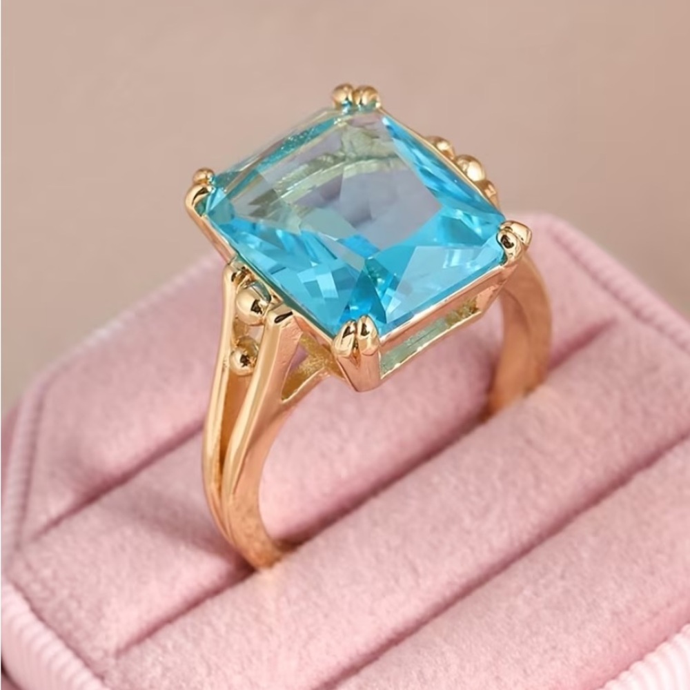18k Gold Plated Ring with Vibrant Blue Aquamarine Emerald-Cut Stone - Picture 7 of 7